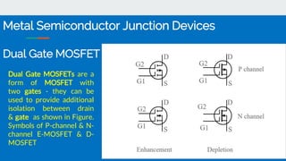 Dual Gate MOSFETs are a
form of MOSFET with
two gates - they can be
used to provide additional
isolation between drain
& gate as shown in Figure.
Symbols of P-channel & N-
channel E-MOSFET & D-
MOSFET
Metal Semiconductor Junction Devices
Dual Gate MOSFET
 