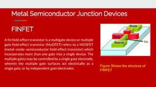 A fin field-effect transistor is a multigate device or multiple
gate field-effect transistor (MuGFET) refers to a MOSFET
(metal–oxide–semiconductor field-effect transistor) which
incorporates more than one gate into a single device. The
multiple gates may be controlled by a single gate electrode,
wherein the multiple gate surfaces act electrically as a
single gate, or by independent gate electrodes.
Metal Semiconductor Junction Devices
FINFET
Figure Shows the structure of
FINFET
 