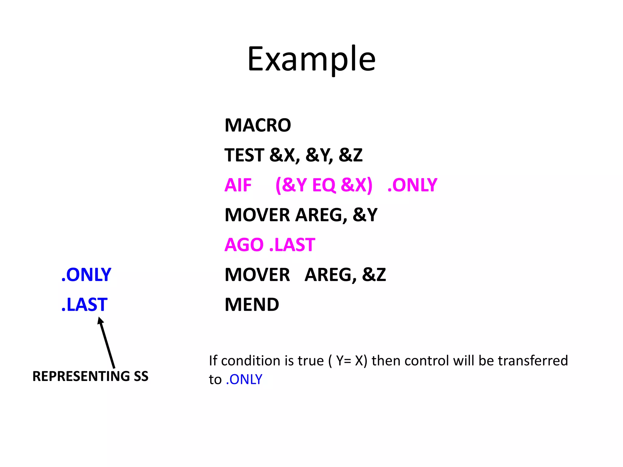 Example
MACRO
TEST &X, &Y, &Z
AIF (&Y EQ &X) .ONLY
MOVER AREG, &Y
AGO .LAST
.ONLY MOVER AREG, &Z
.LAST MEND
REPRESENTING SS
If condition is true ( Y= X) then control will be transferred
to .ONLY
 