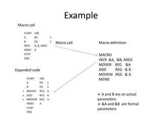 Example
MACRO
INCR &A, &B, AREG
MOVER REG &A
ADD REG & B
MOVEM REG & A
MEND
Macro definitionMacro call
 A and B are an ac...