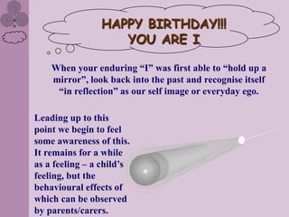 HAPPY BIRTHDAY!!!
                   YOU ARE I

    When your enduring “I” was first able to “hold up a
    mirror”, look back into the past and recognise itself
     “in reflection” as our self image or everyday ego.

Leading up to this
point we begin to feel
some awareness of this.
It remains for a while
as a feeling – a child‟s
feeling, but the
behavioural effects of
which can be observed
by parents/carers.
 