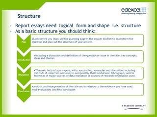 Structure Report essays need  logical  form and shape  i.e. structure As a basic structure you should think: 