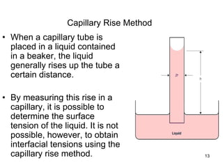 Capillary Rise Method
• When a capillary tube is
placed in a liquid contained
in a beaker, the liquid
generally rises up the tube a
certain distance.
• By measuring this rise in a
capillary, it is possible to
determine the surface
tension of the liquid. It is not
possible, however, to obtain
interfacial tensions using the
capillary rise method. 13
 