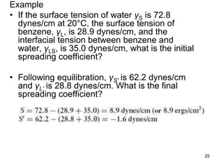 Example
• If the surface tension of water γS is 72.8
dynes/cm at 20°C, the surface tension of
benzene, γL, is 28.9 dynes/cm, and the
interfacial tension between benzene and
water, γLS, is 35.0 dynes/cm, what is the initial
spreading coefficient?
• Following equilibration, γS′ is 62.2 dynes/cm
and γL′ is 28.8 dynes/cm. What is the final
spreading coefficient?
25
 