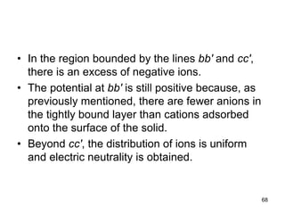 • In the region bounded by the lines bb′ and cc′,
there is an excess of negative ions.
• The potential at bb′ is still positive because, as
previously mentioned, there are fewer anions in
the tightly bound layer than cations adsorbed
onto the surface of the solid.
• Beyond cc′, the distribution of ions is uniform
and electric neutrality is obtained.
68
 