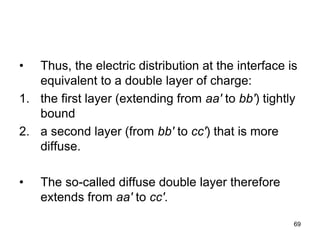 • Thus, the electric distribution at the interface is
equivalent to a double layer of charge:
1. the first layer (extending from aa′ to bb′) tightly
bound
2. a second layer (from bb′ to cc′) that is more
diffuse.
• The so-called diffuse double layer therefore
extends from aa′ to cc′.
69
 