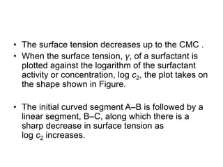• The surface tension decreases up to the CMC .
• When the surface tension, γ, of a surfactant is
plotted against the logarithm of the surfactant
activity or concentration, log c2, the plot takes on
the shape shown in Figure.
• The initial curved segment A–B is followed by a
linear segment, B–C, along which there is a
sharp decrease in surface tension as
log c2 increases.
 