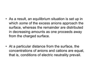 • As a result, an equilibrium situation is set up in
which some of the excess anions approach the
surface, whereas the remainder are distributed
in decreasing amounts as one proceeds away
from the charged surface.
• At a particular distance from the surface, the
concentrations of anions and cations are equal,
that is, conditions of electric neutrality prevail.
 