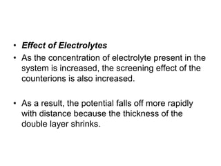 • Effect of Electrolytes
• As the concentration of electrolyte present in the
system is increased, the screening effect of the
counterions is also increased.
• As a result, the potential falls off more rapidly
with distance because the thickness of the
double layer shrinks.
 