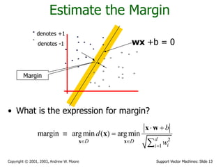 Support Vector Machines: Slide 13
Copyright © 2001, 2003, Andrew W. Moore
Estimate the Margin
• What is the expression for margin?
denotes +1
denotes -1 wx +b = 0
2
1
margin argmin ( ) argmin
d
D D
i
i
b
d
w
 

 
 

x x
x w
x
Margin
 