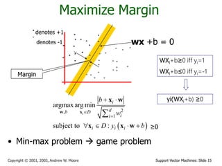 Support Vector Machines: Slide 15
Copyright © 2001, 2003, Andrew W. Moore
Maximize Margin
denotes +1
denotes -1 wx +b = 0
Margin
• Min-max problem  game problem
WXi+b≥0 iff yi=1
WXi+b≤0 iff yi=-1
yi(WXi+b) ≥0
 
2
,
1
argmax arg min
subject to : 0
i
i
d
b D
i
i
i i i
b
w
D y b


 
    

w x
x w
x x w ≥0
 