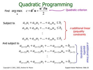 Support Vector Machines: Slide 20
Copyright © 2001, 2003, Andrew W. Moore
Quadratic Programming
2
max
arg
u
u
u
d
u
R
c
T
T


Find
n
m
nm
n
n
m
m
m
m
b
u
a
u
a
u
a
b
u
a
u
a
u
a
b
u
a
u
a
u
a












...
:
...
...
2
2
1
1
2
2
2
22
1
21
1
1
2
12
1
11
)
(
)
(
2
2
)
(
1
1
)
(
)
2
(
)
2
(
2
2
)
2
(
1
1
)
2
(
)
1
(
)
1
(
2
2
)
1
(
1
1
)
1
(
...
:
...
...
e
n
m
m
e
n
e
n
e
n
n
m
m
n
n
n
n
m
m
n
n
n
b
u
a
u
a
u
a
b
u
a
u
a
u
a
b
u
a
u
a
u
a
























And subject to
n additional linear
inequality
constraints
e
additional
linear
equality
constraints
Quadratic criterion
Subject to
 
