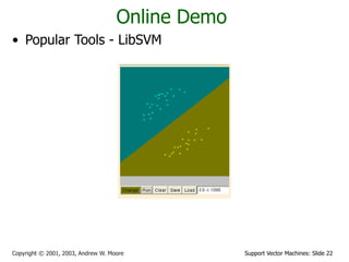 Support Vector Machines: Slide 22
Copyright © 2001, 2003, Andrew W. Moore
Online Demo
• Popular Tools - LibSVM
 
