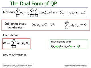 Support Vector Machines: Slide 36
Copyright © 2001, 2003, Andrew W. Moore
The Dual Form of QP
Maximize 
  


R
k
R
l
kl
l
k
R
k
k Q
α
α
α
1 1
1 2
1
where ( )
kl k l k l
Q y y
 
x x
Subject to these
constraints:
k
C
αk 


0
Then define:



R
k
k
k
k y
α
1
x
w Then classify with:
f(x,w,b) = sign(w. x - b)
0
1



R
k
k
k y
α
How to determine b ?
 