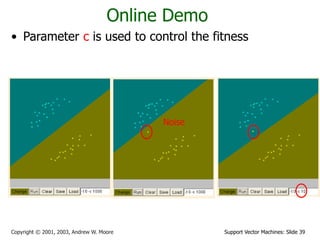 Support Vector Machines: Slide 39
Copyright © 2001, 2003, Andrew W. Moore
Online Demo
• Parameter c is used to control the fitness
Noise
 