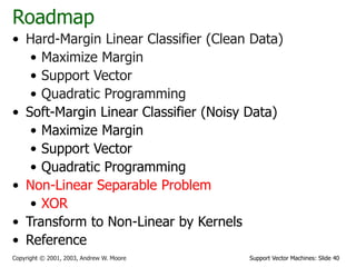 Support Vector Machines: Slide 40
Copyright © 2001, 2003, Andrew W. Moore
Roadmap
• Hard-Margin Linear Classifier (Clean Data)
• Maximize Margin
• Support Vector
• Quadratic Programming
• Soft-Margin Linear Classifier (Noisy Data)
• Maximize Margin
• Support Vector
• Quadratic Programming
• Non-Linear Separable Problem
• XOR
• Transform to Non-Linear by Kernels
• Reference
 