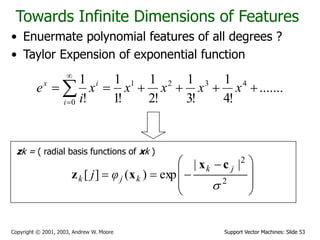 Support Vector Machines: Slide 53
Copyright © 2001, 2003, Andrew W. Moore
Towards Infinite Dimensions of Features
.......
!
4
1
!
3
1
!
2
1
!
1
1
!
1 4
3
2
1
0





 


x
x
x
x
x
i
e
i
i
x
• Enuermate polynomial features of all degrees ?
• Taylor Expension of exponential function
zk = ( radial basis functions of xk )







 


 2
2
|
|
exp
)
(
]
[

j
k
k
j
k φ
j
c
x
x
z
 
