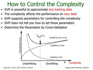 Support Vector Machines: Slide 59
Copyright © 2001, 2003, Andrew W. Moore
How to Control the Complexity
• SVM is powerful to approximate any training data
• The complexity affects the performance on new data
• SVM supports parameters for controlling the complexity
• SVM does not tell you how to set these parameters
• Determine the Parameters by Cross-Validation
Underfitting Overfitting complexity
 