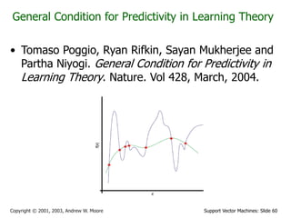 Support Vector Machines: Slide 60
Copyright © 2001, 2003, Andrew W. Moore
General Condition for Predictivity in Learning Theory
• Tomaso Poggio, Ryan Rifkin, Sayan Mukherjee and
Partha Niyogi. General Condition for Predictivity in
Learning Theory. Nature. Vol 428, March, 2004.
 