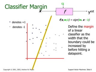 Support Vector Machines: Slide 8
Copyright © 2001, 2003, Andrew W. Moore
Classifier Margin
f
x
a
yest
denotes +1
denotes -1
f(x,w,b) = sign(w. x - b)
Define the margin
of a linear
classifier as the
width that the
boundary could be
increased by
before hitting a
datapoint.
 