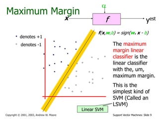Support Vector Machines: Slide 9
Copyright © 2001, 2003, Andrew W. Moore
Maximum Margin
f
x
a
yest
denotes +1
denotes -1
f(x,w,b) = sign(w. x - b)
The maximum
margin linear
classifier is the
linear classifier
with the, um,
maximum margin.
This is the
simplest kind of
SVM (Called an
LSVM)
Linear SVM
 