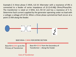 Example-2 A three phase 5 MVA, 6.6 kV Alternator with a reactance of 8% is
connected to a feeder of series impedance of (0.12+0.48j) Ohms/Phase/Km.
The transformer is rated at 3 MVA, 6.6 /33 kV and has a reactance of 5 %.
Determine fault current supplied by the generator operating under no load with
a voltage a voltage of 6.9 kV, When a three phase symmetrical fault occurs at a
point 15 KM along the feeder.
BASE MVA= 5 MVA FOR ENTIRE SECTION
Core of Transformer
Base KV=6.6 kV up to the
Primary of Transformer
Base KV=33 kV from the Secondary of
Transformer----Along the Feeder
 