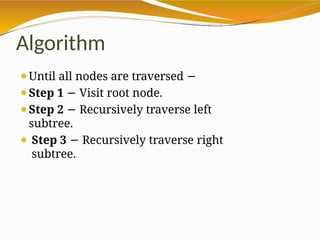 Algorithm
⚫Until all nodes are traversed −
⚫Step 1 − Visit root node.
⚫Step 2 − Recursively traverse left
subtree.
⚫ Step 3 − Recursively traverse right
subtree.
 