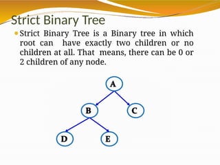 Strict Binary Tree
⚫Strict Binary Tree is a Binary tree in which
root can have exactly two children or no
children at all. That means, there can be 0 or
2 children of any node.
 