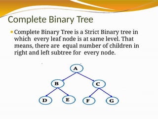 Complete Binary Tree
⚫Complete Binary Tree is a Strict Binary tree in
which every leaf node is at same level. That
means, there are equal number of children in
right and left subtree for every node.
 