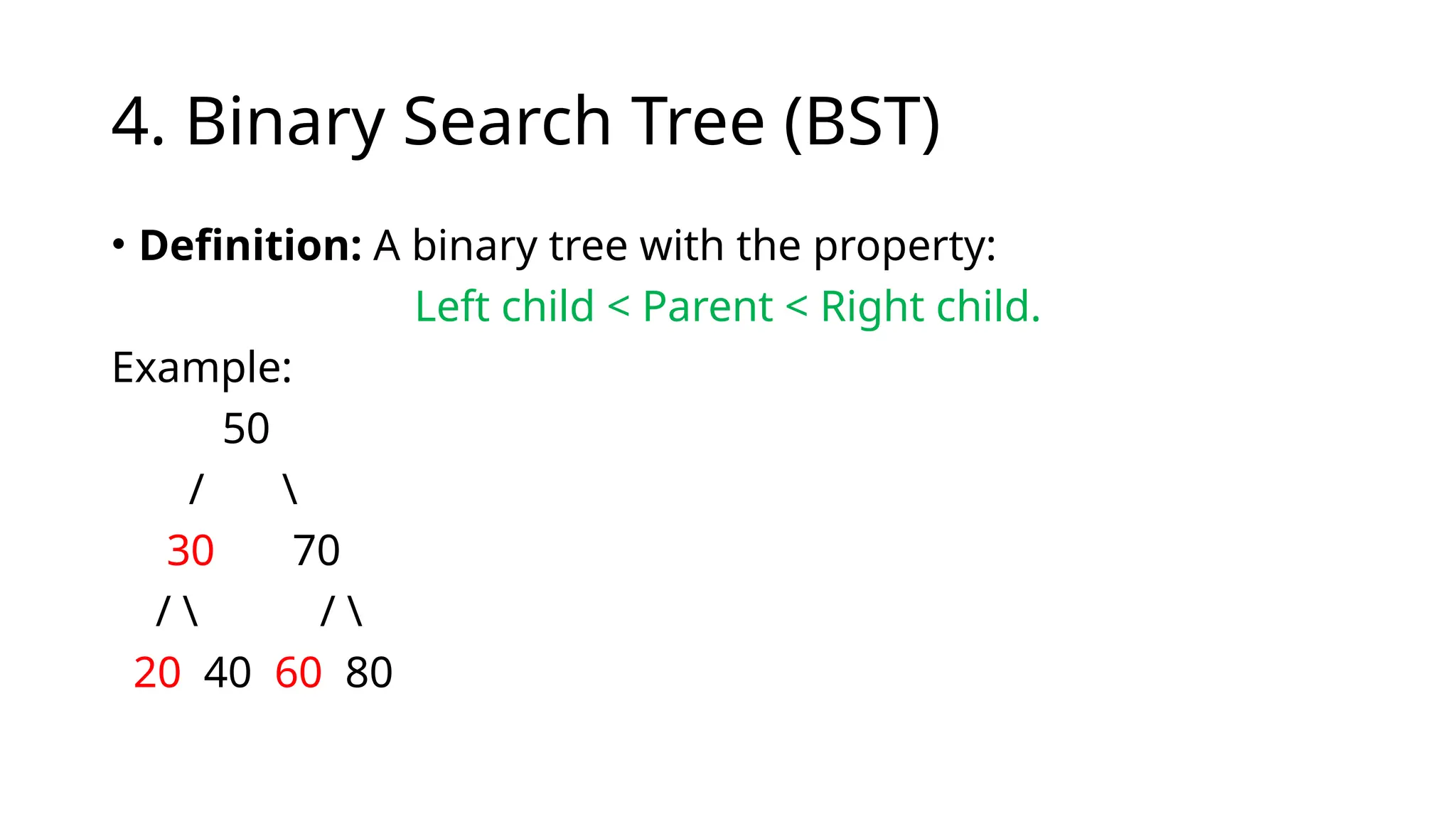 4. Binary Search Tree (BST)
• Definition: A binary tree with the property:
Left child < Parent < Right child.
Example:
50
/ 
30 70
/  / 
20 40 60 80
 