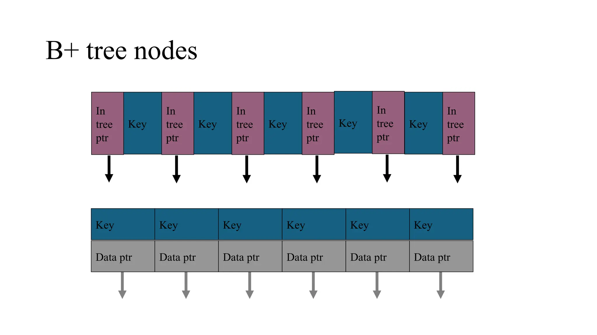 B+ tree nodes
In
tree
ptr
Key
In
tree
ptr
Key
In
tree
ptr
Key
In
tree
ptr
Key
In
tree
ptr
Key
In
tree
ptr
Key
Data ptr
Key
Data ptr
Key
Data ptr
Key
Data ptr
Key
Data ptr
Key
Data ptr
 