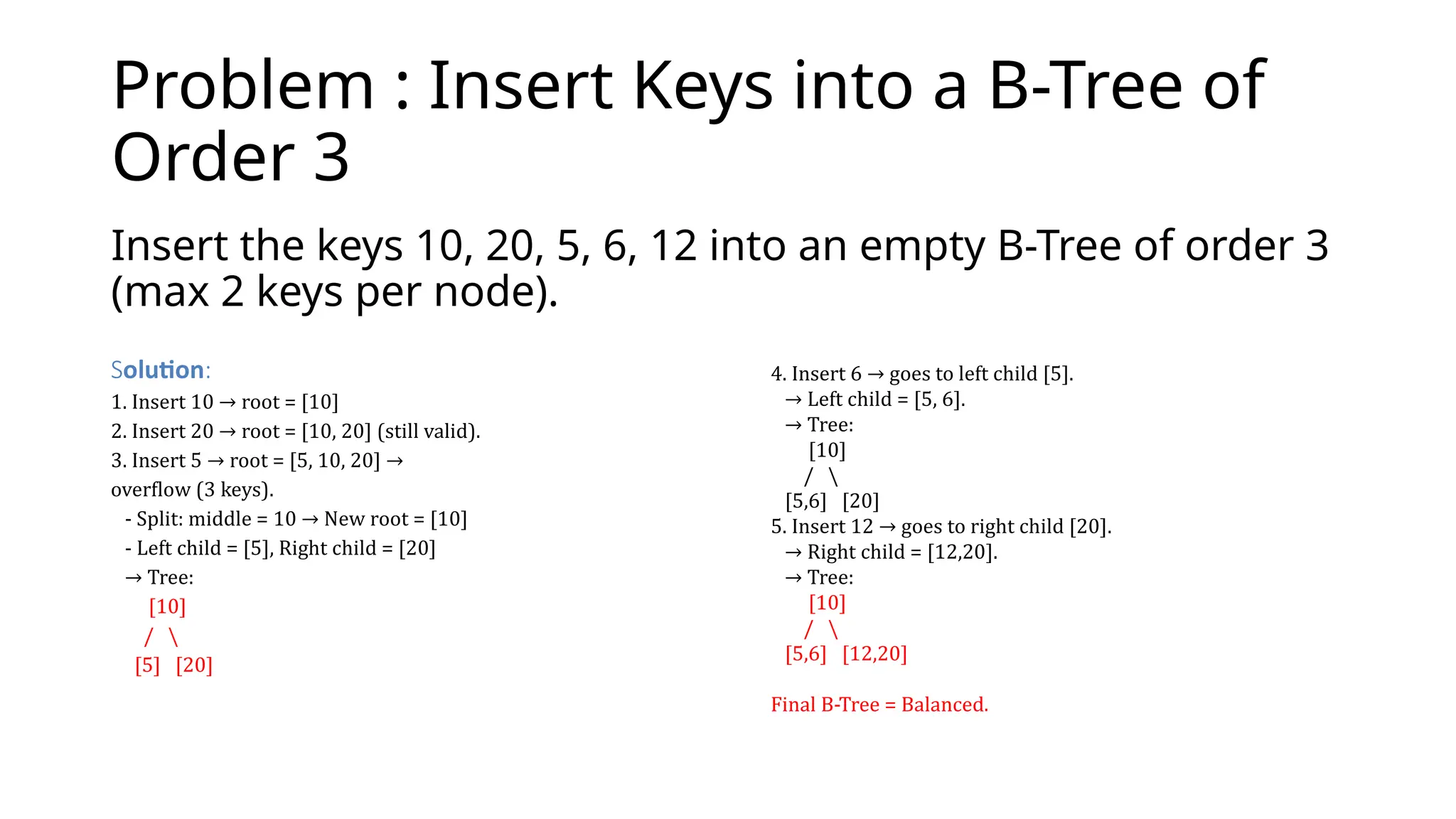 Problem : Insert Keys into a B-Tree of
Order 3
Insert the keys 10, 20, 5, 6, 12 into an empty B-Tree of order 3
(max 2 keys per node).
olution
S :
1. Insert 10 → root = [10]
2. Insert 20 → root = [10, 20] (still valid).
3. Insert 5 → root = [5, 10, 20] →
overflow (3 keys).
- Split: middle = 10 → New root = [10]
- Left child = [5], Right child = [20]
→ Tree:
[10]
/ 
[5] [20]
4. Insert 6 → goes to left child [5].
→ Left child = [5, 6].
→ Tree:
[10]
/ 
[5,6] [20]
5. Insert 12 → goes to right child [20].
→ Right child = [12,20].
→ Tree:
[10]
/ 
[5,6] [12,20]
Final B-Tree = Balanced.
 