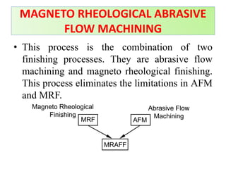 • This process is the combination of two
finishing processes. They are abrasive flow
machining and magneto rheological finishing.
This process eliminates the limitations in AFM
and MRF.
MAGNETO RHEOLOGICAL ABRASIVE
FLOW MACHINING
 