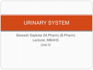Biswash Sapkota (M.Pharm) (B.Pharm)
Lecturer, MBAHS
Unit IV
URINARY SYSTEM
 