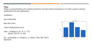 Plotly:
Plotly is a powerful library for creating interactive and web-based visualizations. It is often used for creating
dashboards and web applications.
Installation:
pip install plotly
Basic Bar Chart:
import plotly.express as px
data = {'Category': ['A', 'B', 'C', 'D'],
'Values': [10, 20, 15, 30]}
fig = px.bar(data, x='Category', y='Values', title='Bar Chart')
fig.show()
37
 
