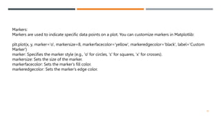 40
Markers:
Markers are used to indicate specific data points on a plot. You can customize markers in Matplotlib:
plt.plot(x, y, marker='o', markersize=8, markerfacecolor='yellow', markeredgecolor='black', label='Custom
Marker')
marker: Specifies the marker style (e.g., 'o' for circles, 's' for squares, 'x' for crosses).
markersize: Sets the size of the marker.
markerfacecolor: Sets the marker's fill color.
markeredgecolor: Sets the marker's edge color.
 