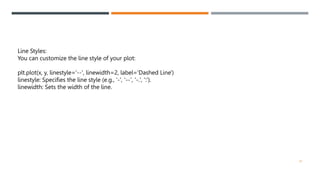 41
Line Styles:
You can customize the line style of your plot:
plt.plot(x, y, linestyle='--', linewidth=2, label='Dashed Line')
linestyle: Specifies the line style (e.g., '-', '--', '-.', ':').
linewidth: Sets the width of the line.
 