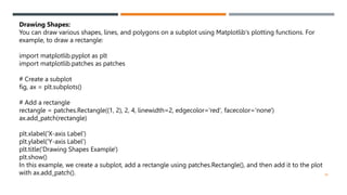48
Drawing Shapes:
You can draw various shapes, lines, and polygons on a subplot using Matplotlib's plotting functions. For
example, to draw a rectangle:
import matplotlib.pyplot as plt
import matplotlib.patches as patches
# Create a subplot
fig, ax = plt.subplots()
# Add a rectangle
rectangle = patches.Rectangle((1, 2), 2, 4, linewidth=2, edgecolor='red', facecolor='none')
ax.add_patch(rectangle)
plt.xlabel('X-axis Label')
plt.ylabel('Y-axis Label')
plt.title('Drawing Shapes Example')
plt.show()
In this example, we create a subplot, add a rectangle using patches.Rectangle(), and then add it to the plot
with ax.add_patch().
 