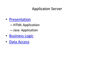Applicaton Server

• Presentation
  – HTML Application
  – Java Application
• Business Logic
• Data Access
 