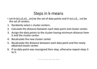 Steps in k-means
• Let X={x1,x2,x3,…xn} be the set of data points and V={v1,v2,…vn} be
the set of centers.
1. Randomly select c cluster centers.
2. Calculate the distance between each data point and cluster center.
3. Assign the data points to the cluster having minimum distance from
it and the cluster center.
4. Recalculate the new cluster center
5. Recalculate the distance between each data point and the newly
obtained cluster center.
6. If no data point was reassigned then stop, otherwise repeat steps 3
to 5.
Dr. M. Arthi, Professor & HOD, CSM, SITAMS
 