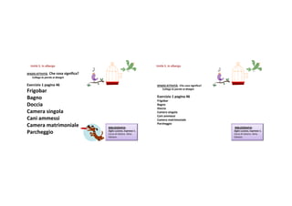 Unità 5.Inalbergo
  Unità                                                                Unità 5.Inalbergo
                                                                       Unità

SPAZIOATTIVITÁ;Checosasignifica?
   Collega leparole ai disegni

Esercizio 1pagina46                                                  SPAZIOATTIVITÁ;Checosasignifica?
                                                                          Collega leparole ai disegni
Frigobar
Bagno                                                                  Esercizio 1pagina46
                                                                       Frigobar
Doccia                                                                 Bagno
                                                                       Doccia
Camerasingola                                                         Camerasingola
                                                                       Cani ammessi
Cani ammessi                                                           Cameramatrimoniale
                                                                       Parcheggio
Cameramatrimoniale                     BIBLIOGRAFIA:                                                          BIBLIOGRAFIA:
Parcheggio                              Ziglio Luciana,Espresso 1.
                                        Corsodiitaliano.Alma
                                                                                                               Ziglio Luciana,Espresso 1.
                                                                                                               Corsodiitaliano.Alma
                                        Edizioni.                                                             Edizioni.
 