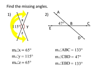 Find the missing angles.A1)2)xCByEzD