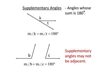 Supplementary Angles- Angles whosesum is 180 .ktSupplementary angles may notbe adjacent.bc