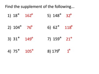 Find the supplement of the following...1)  185)  148162322)  1046)  62761183)  317)  1591492114)  758) 179105