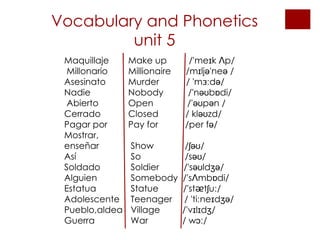 Vocabulary and Phonetics unit 5 Maquillaje  Make up  /'meɪk Ʌp/ Millonario Millionaire  /mɪljə'neə / Asesinato  Murder  / 'mɜːdə/ Nadie  Nobody  /'nəʊbɒdi/ Abierto  Open    /'əʊpən /  Cerrado  Closed  / kləʊzd/  Pagar por  Pay for  /per fə/  Mostrar, enseñar    Show    /ʃəʊ/  Así   So    /səʊ/  Soldado  Soldier  /'səʊldʒə/  Alguien  Somebody  /'sɅmbɒdi/  Estatua   Statue  /'st ᴂ tʃuː/ Adolescente  Teenager  / 'tiːneɪdʒə/ Pueblo,aldea   Village  /'vɪlɪdʒ/  Guerra   War    / wɔː/ 