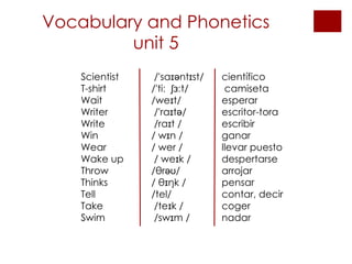 Vocabulary and Phonetics unit 5 Scientist  /'saɪəntɪst/  científico T-shirt  /'tiː  ʃɜːt/  camiseta Wait  /weɪt/  esperar Writer  /'raɪtə/  escritor-tora Write  /raɪt /  escribir Win  / wɪn / ganar Wear  / wer / llevar puesto Wake up  / weɪk /  despertarse Throw /θrəʊ/  arrojar Thinks  / θɪŋk /  pensar Tell  /tel/  contar, decir Take  /teɪk /  coger Swim  /swɪm / nadar 