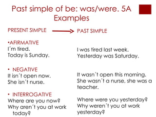 Past simple of be: was/were. 5A Examples PRESENT SIMPLE AFIRMATIVE I´m tired. Today is Sunday. PAST SIMPLE I was tired last week. Yesterday was Saturday. It wasn´t open this morning. She wasn´t a nurse, she was a teacher. Where were you yesterday? Why weren´t you at work yesterday? NEGATIVE It isn´t open now. She isn´t nurse. INTERROGATIVE Where are you now? Why aren´t you at work today? 
