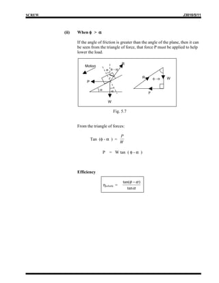 SCREW                                                                            J3010/5/11



        (ii)   When φ > α

               If the angle of friction is greater than the angle of the plane, then it can
               be seen from the triangle of force, that force P must be applied to help
               lower the load.

                                                R
                   Motion
                                      α φ-α

                                                              R       φ-α   W
                     P

                              α         α                         P

                                      W

                                          Fig. 5.7


               From the triangle of forces:

                                                P
                         Tan (φ - α ) =
                                                W

                                  P    = W tan ( φ - α )



               Efficiency

                                                tan(φ − α )
                                  ηterbalik =
                                                   tan α
 