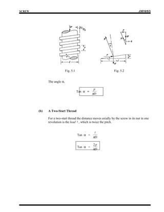 SCREW                                                                                J3010/5/3




                             Fig. 5.1                             Fig. 5.2


              The angle α,

                                                   p
                                        Tan α =
                                                  πD




        (b)   A Two-Start Thread

              For a two-start thread the distance moves axially by the screw in its nut in one
              revolution is the lead  , which is twice the pitch.


                                                   
                                        Tan α =
                                                  πD

                                                  2p
                                        Tan α =
                                                  πD
 