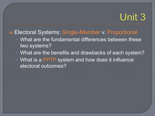 Unit 3Electoral Systems: Single-Member v. ProportionalWhat are the fundamental differences between these two systems?What are the benefits and drawbacks of each system?What is a FPTP system and how does it influence electoral outcomes?